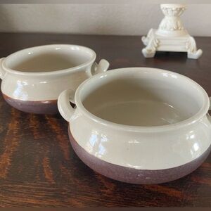 Pair of Vintage Brown and Ivory Stoneware Crock Soup Bowls with Handles